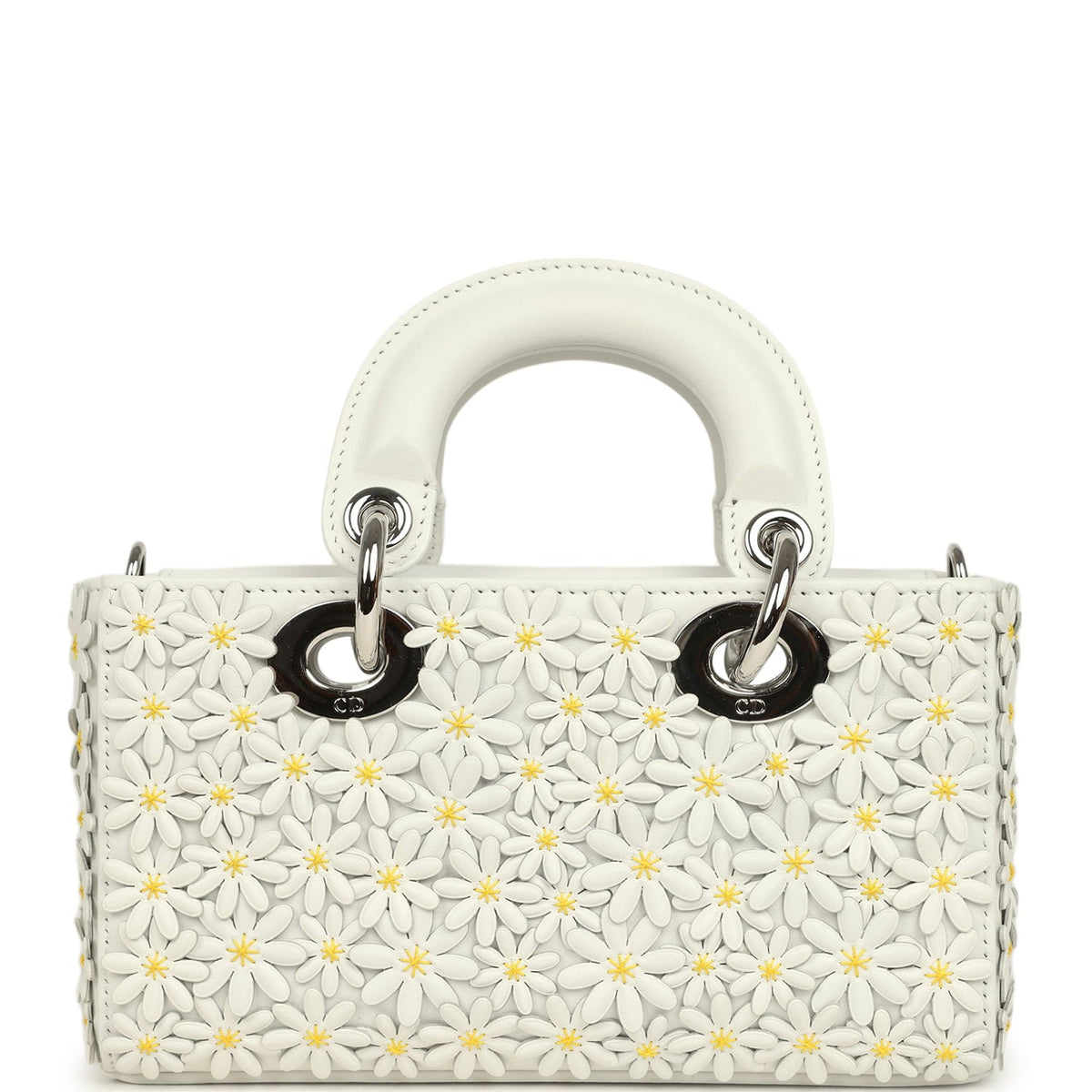 Christian Dior Mini Lady D-Joy Bag "Daisy" White Embroidered Lambskin Silver Hardware