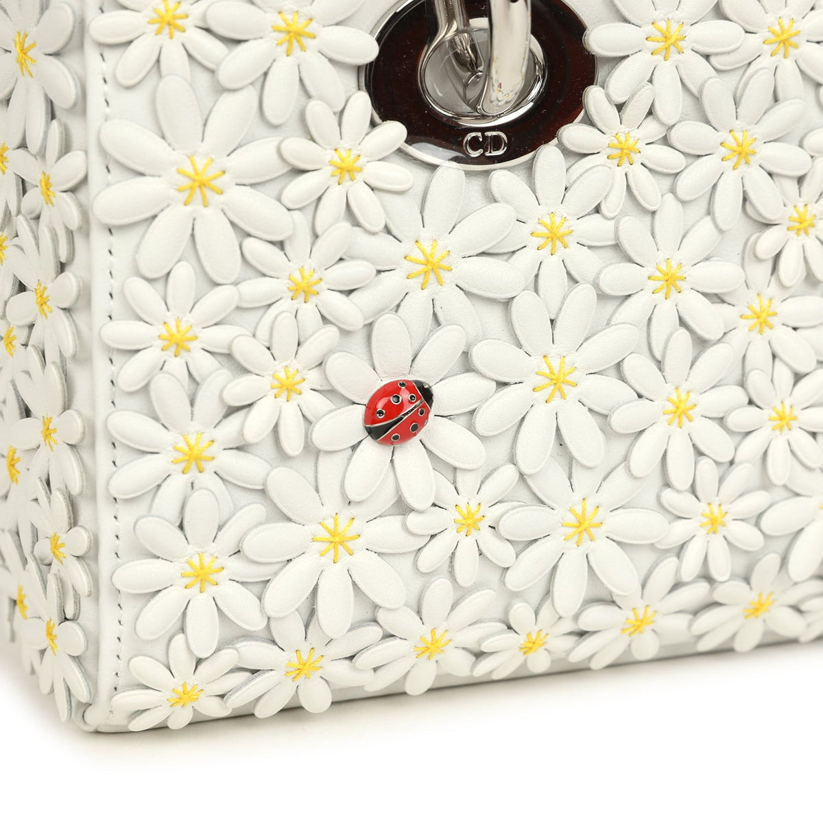 Christian Dior Mini Lady D-Joy Bag "Daisy" White Embroidered Lambskin Silver Hardware
