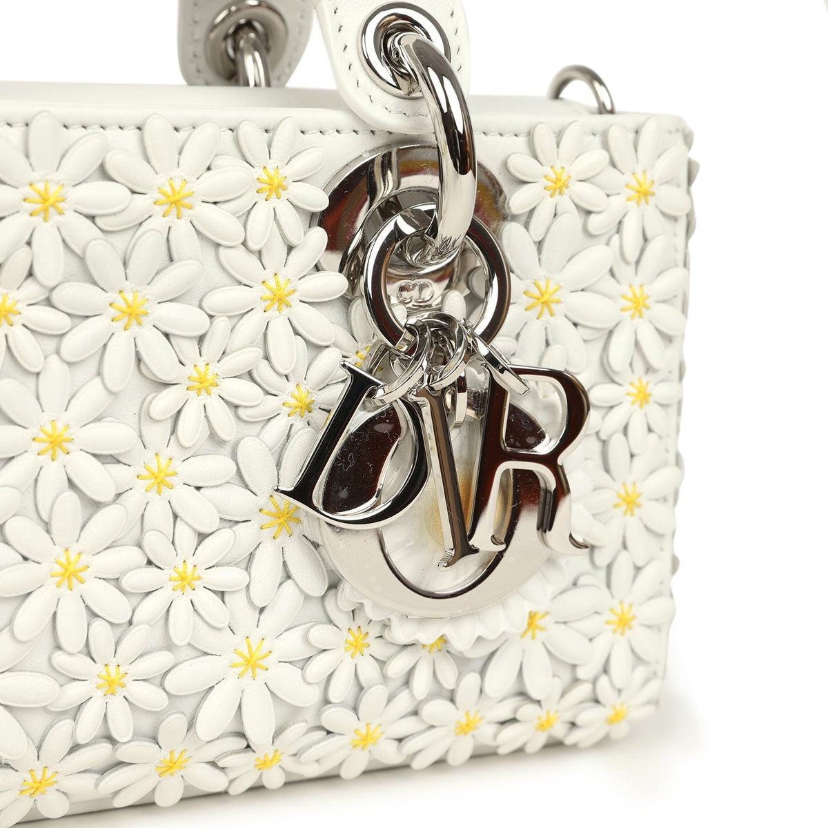 Christian Dior Mini Lady D-Joy Bag "Daisy" White Embroidered Lambskin Silver Hardware