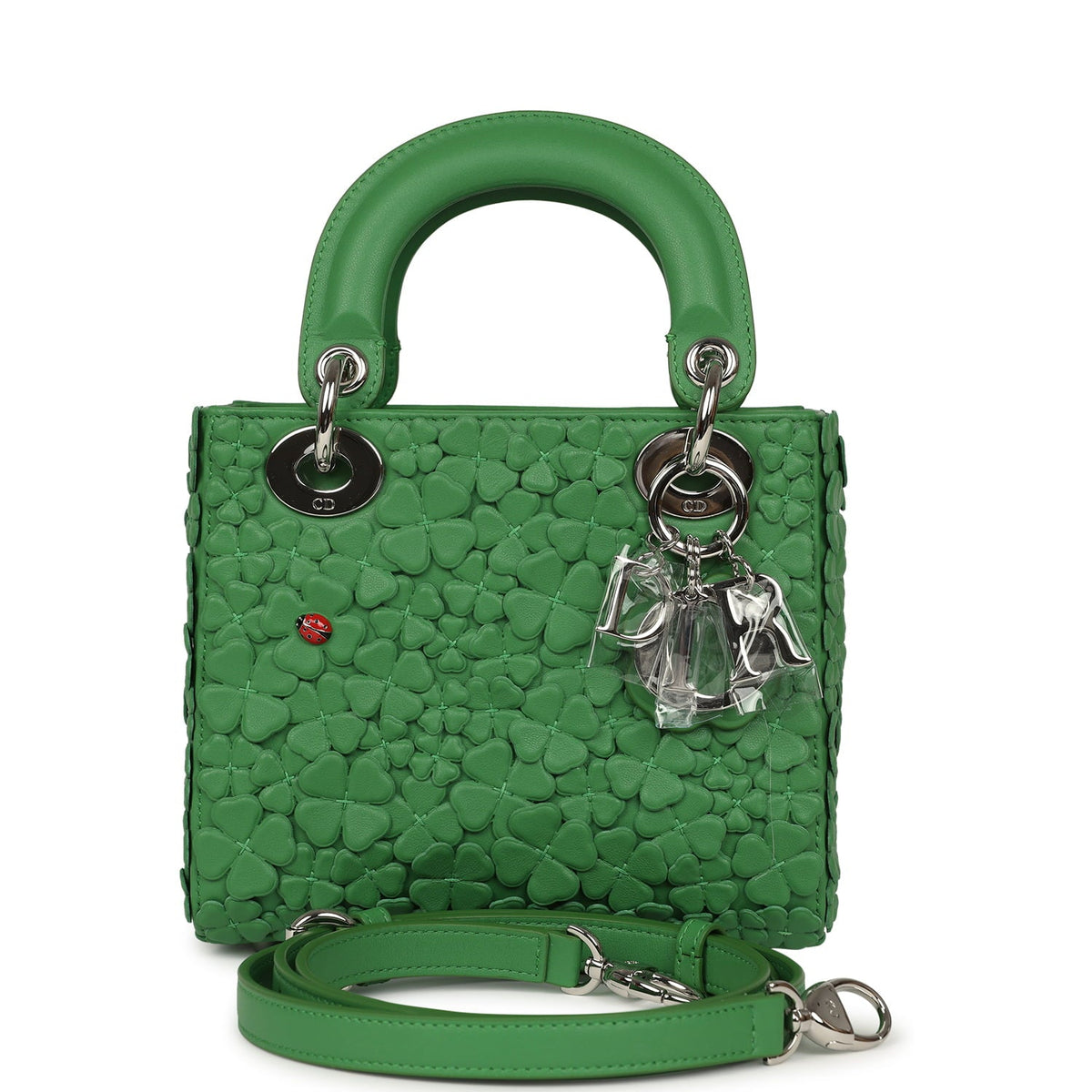 Christian Dior Mini Lady Dior Bag "Clover" Shamrock Lucky Green Lambskin Silver Hardware