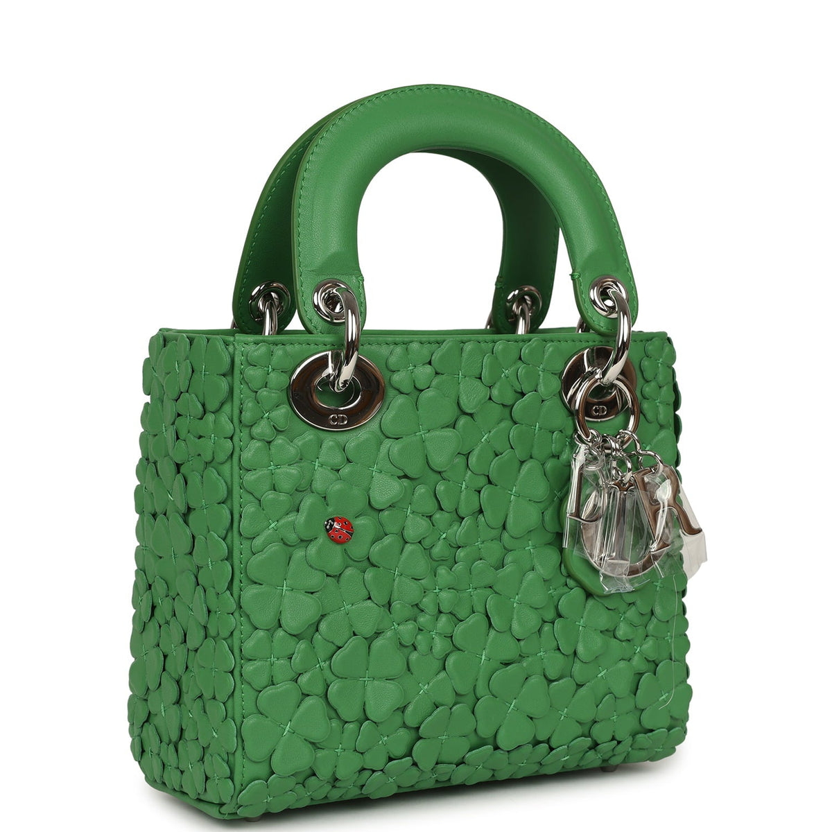 Christian Dior Mini Lady Dior Bag "Clover" Shamrock Lucky Green Lambskin Silver Hardware