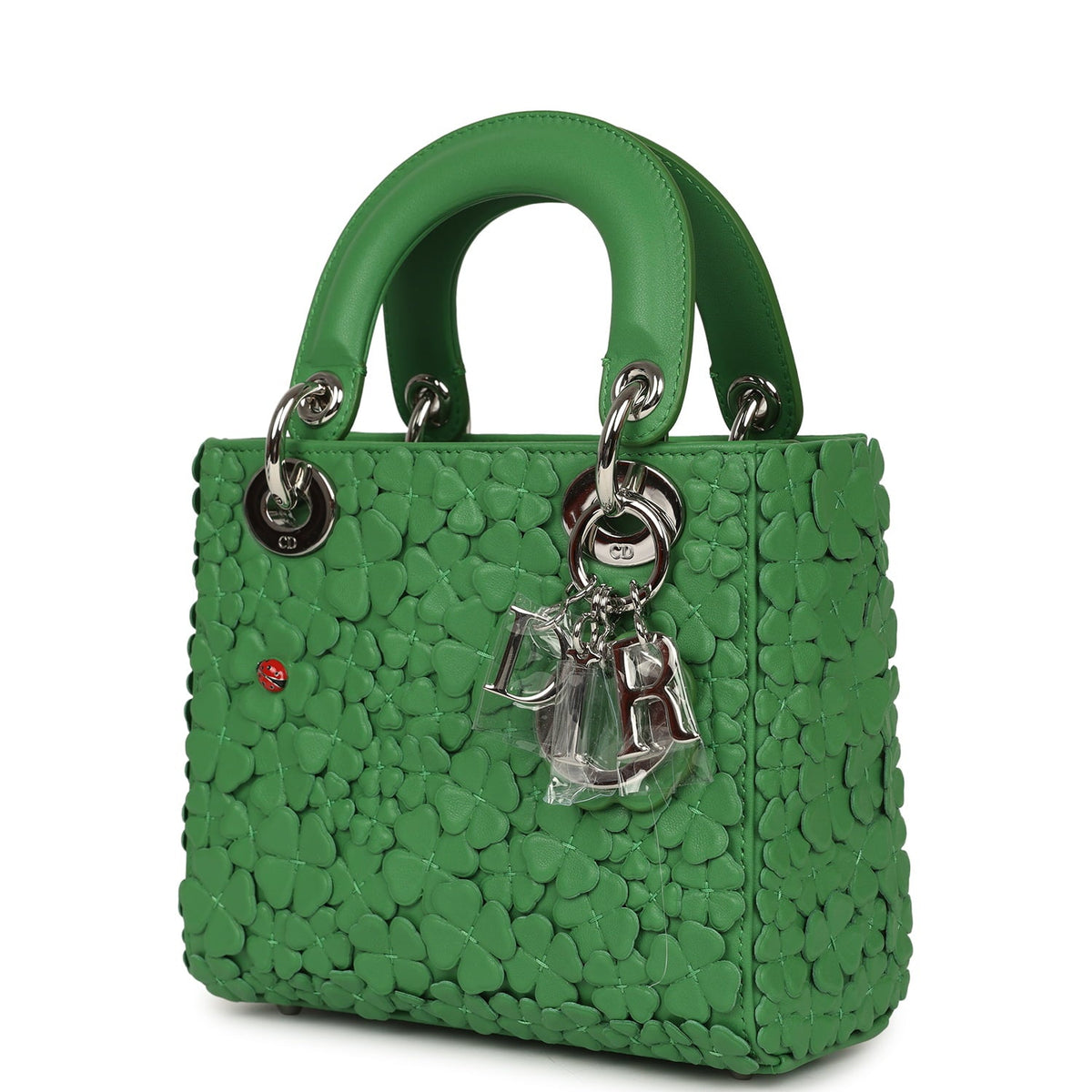 Christian Dior Mini Lady Dior Bag "Clover" Shamrock Lucky Green Lambskin Silver Hardware