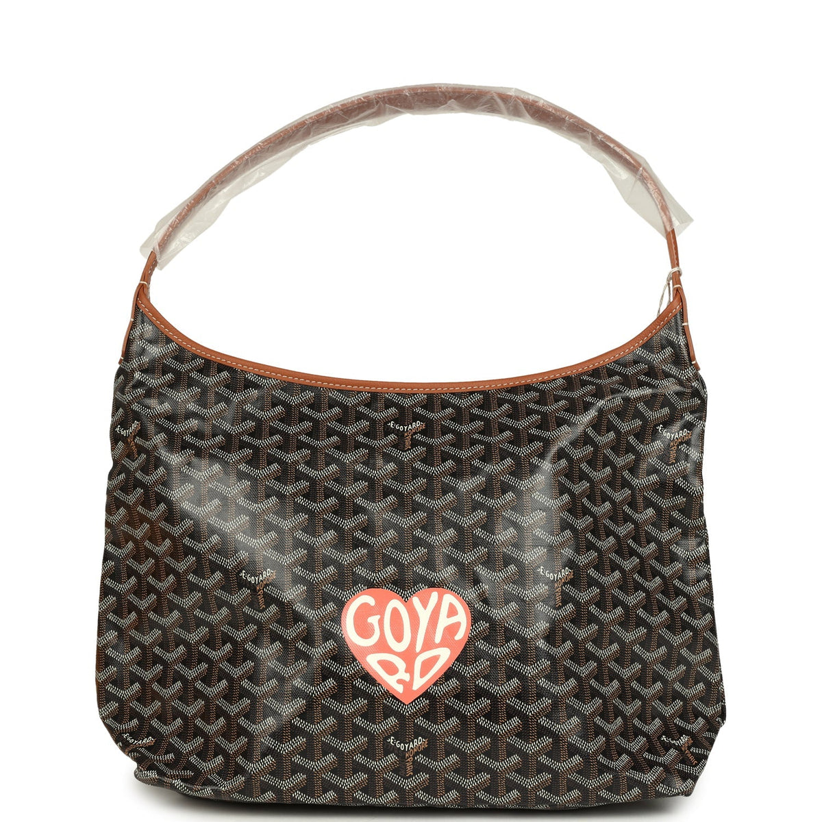Goyard Goyardine Canvas Black and Brown Hand-Painted Heart Boheme Hobo Palladium Hardware
