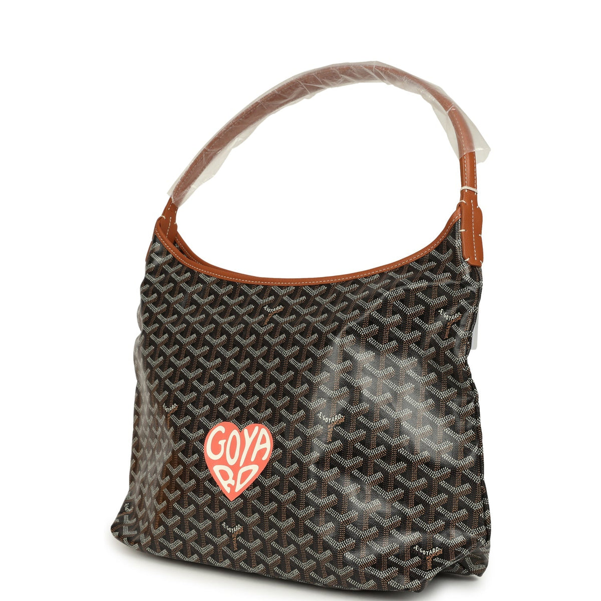 Goyard Goyardine Canvas Black and Brown Hand-Painted Heart Boheme Hobo Palladium Hardware