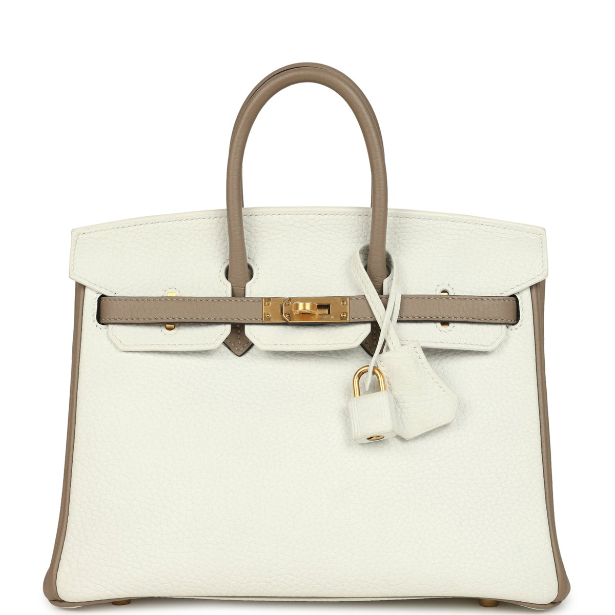 Hermes Special Order (HSS) Birkin 25 White, Etoupe Clemence Brushed Gold Hardware
