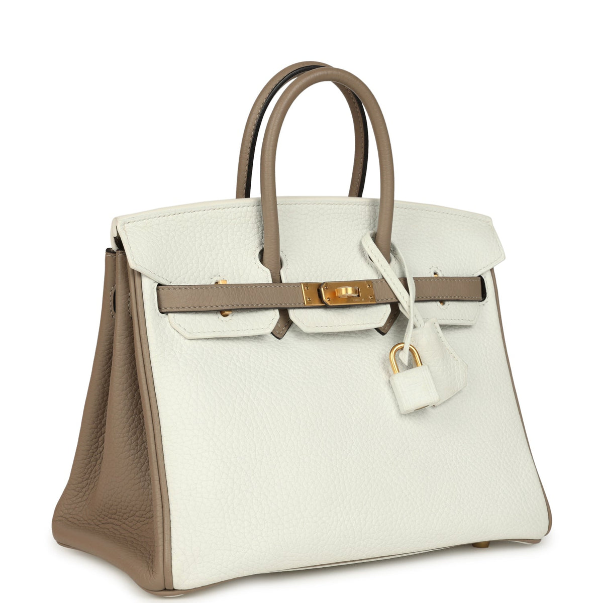Hermes Special Order (HSS) Birkin 25 White, Etoupe Clemence Brushed Gold Hardware