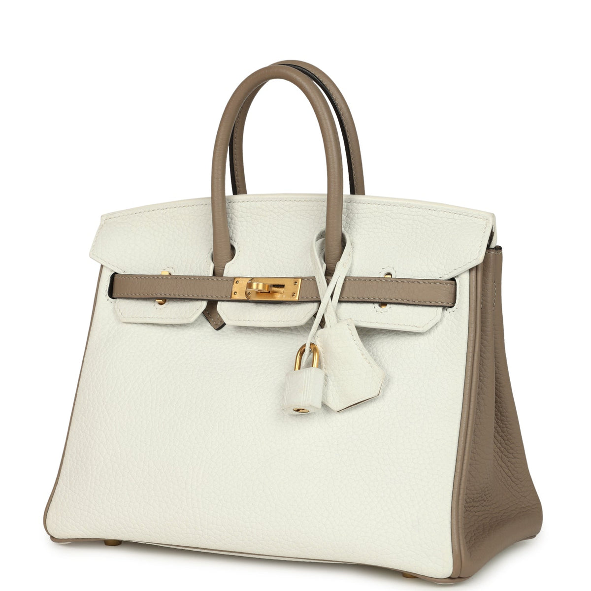 Hermes Special Order (HSS) Birkin 25 White, Etoupe Clemence Brushed Gold Hardware