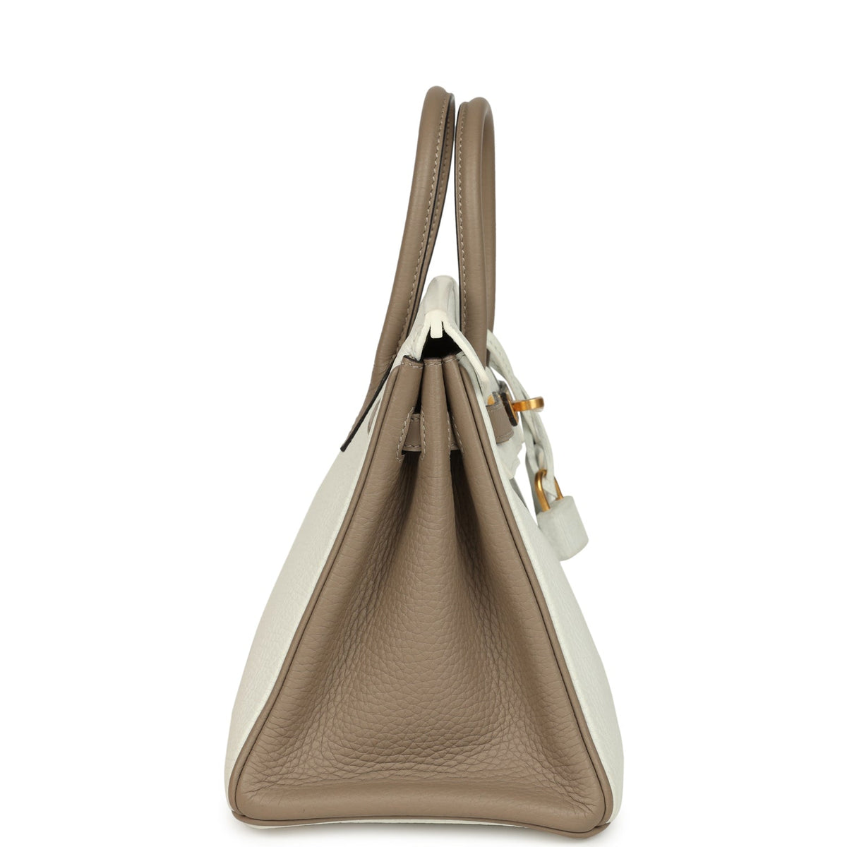 Hermes Special Order (HSS) Birkin 25 White, Etoupe Clemence Brushed Gold Hardware