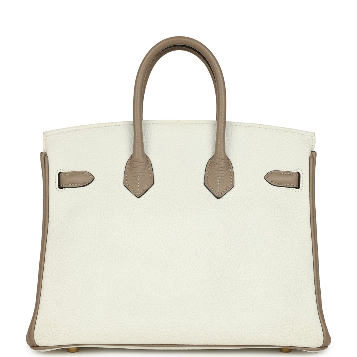 Hermes Special Order (HSS) Birkin 25 White, Etoupe Clemence Brushed Gold Hardware