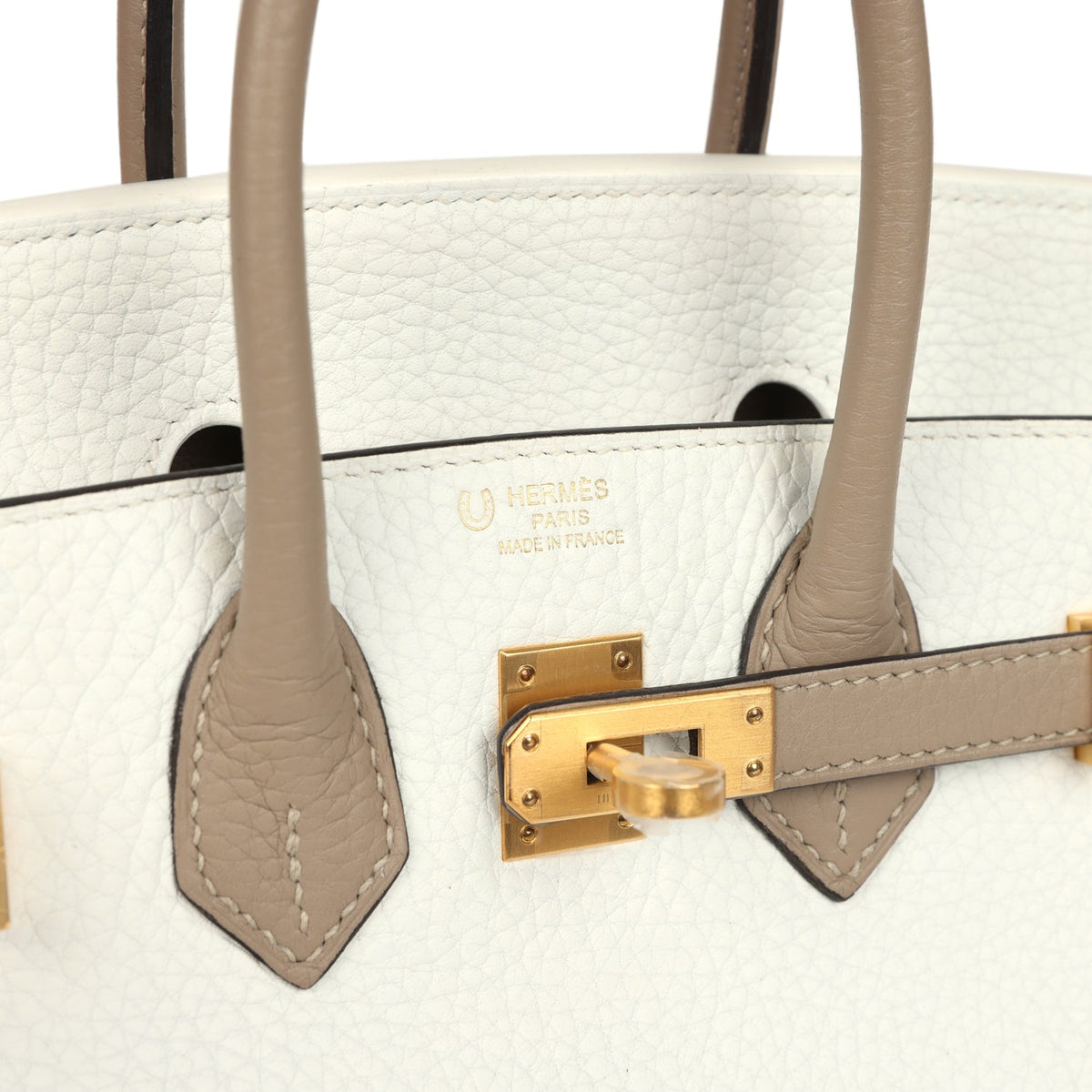 Hermes Special Order (HSS) Birkin 25 White, Etoupe Clemence Brushed Gold Hardware