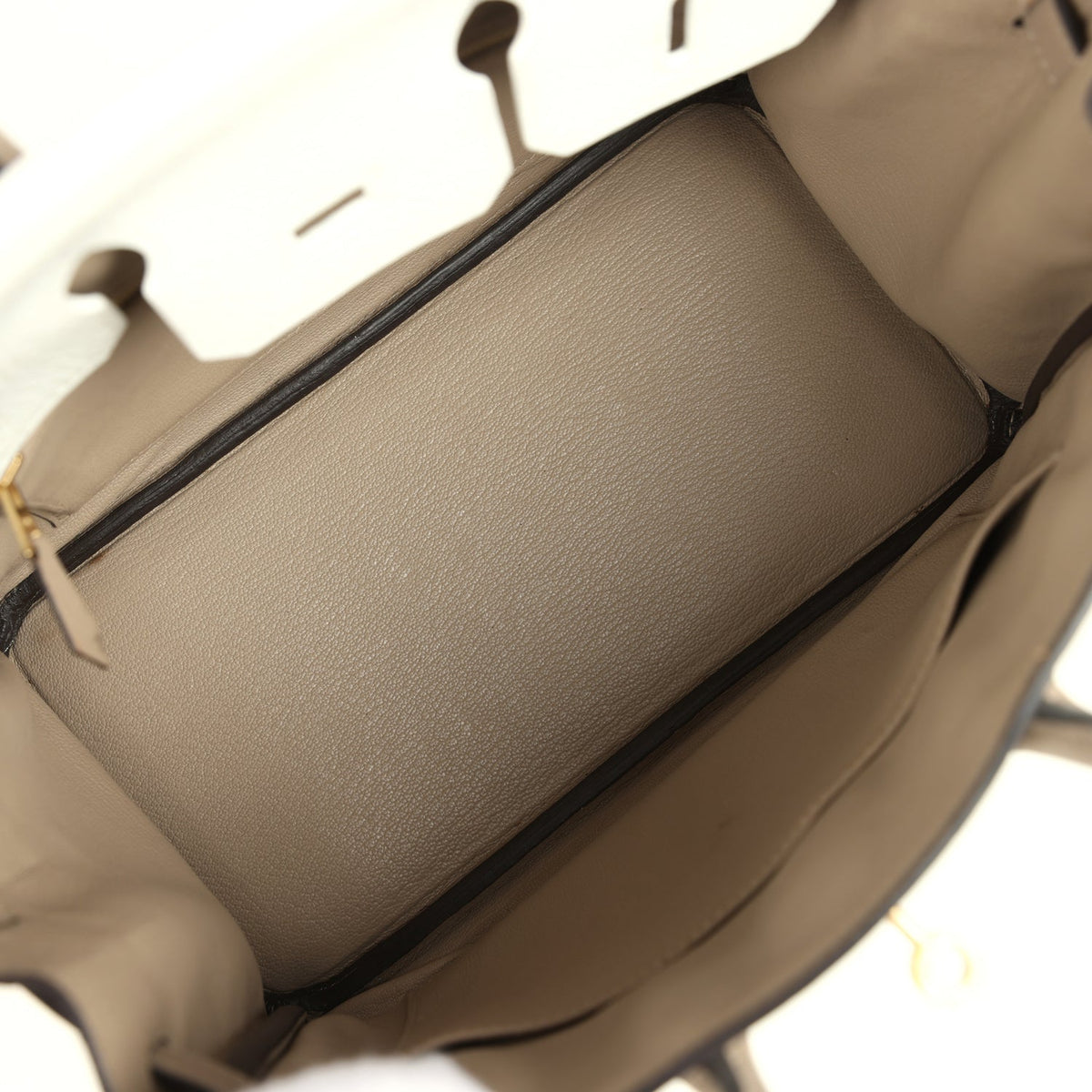 Hermes Special Order (HSS) Birkin 25 White, Etoupe Clemence Brushed Gold Hardware