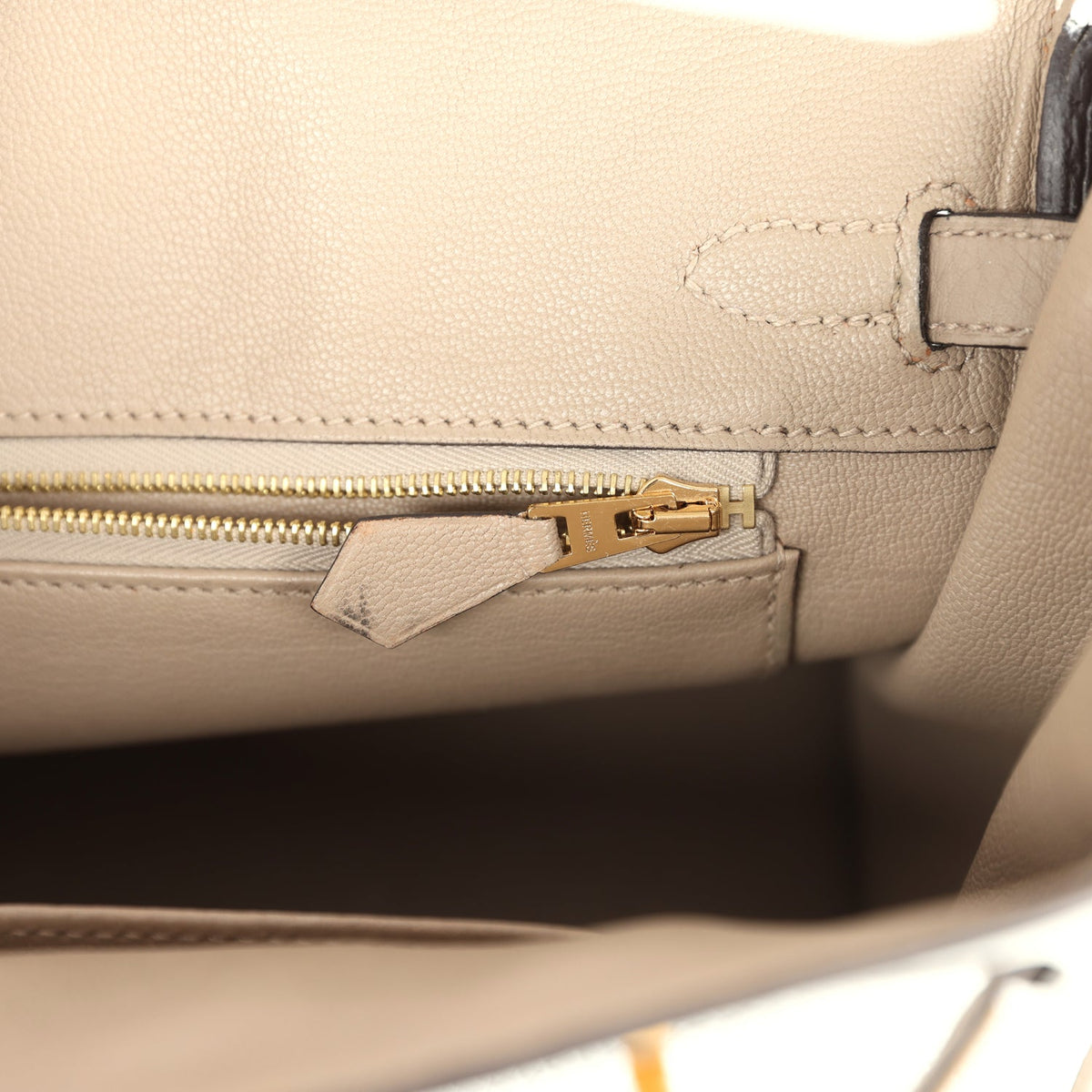 Hermes Special Order (HSS) Birkin 25 White, Etoupe Clemence Brushed Gold Hardware