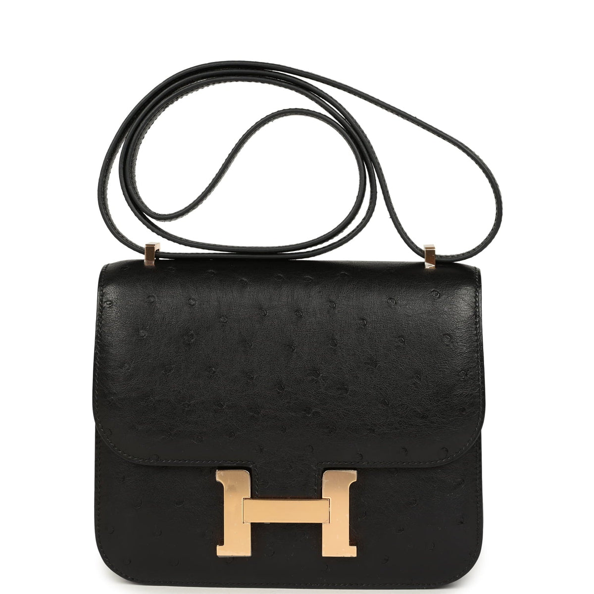 Pre-owned Hermes Constance 18 Black Ostrich Rose Gold Hardware