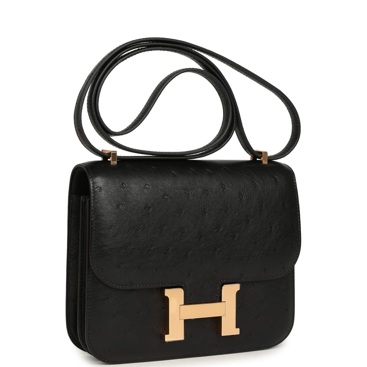 Pre-owned Hermes Constance 18 Black Ostrich Rose Gold Hardware