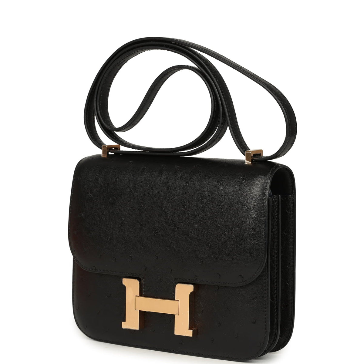 Pre-owned Hermes Constance 18 Black Ostrich Rose Gold Hardware