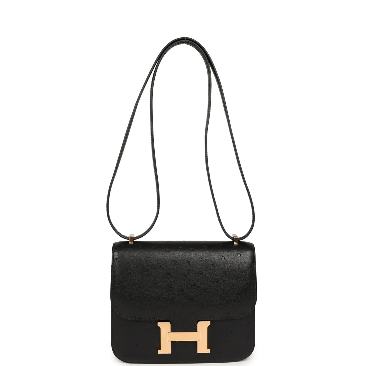 Pre-owned Hermes Constance 18 Black Ostrich Rose Gold Hardware