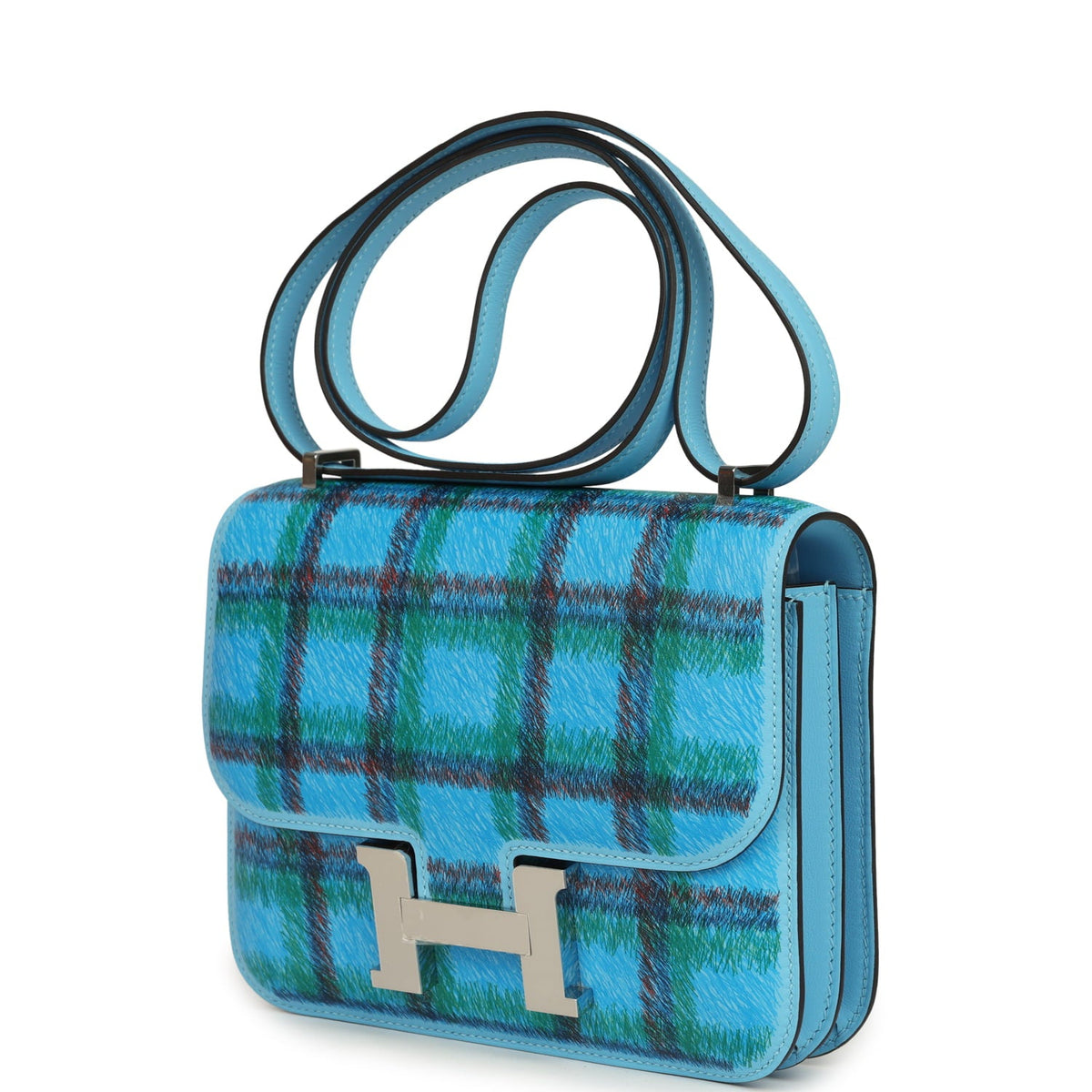 Hermes Constance 18 Tartan Celeste Swift Palladium Hardware