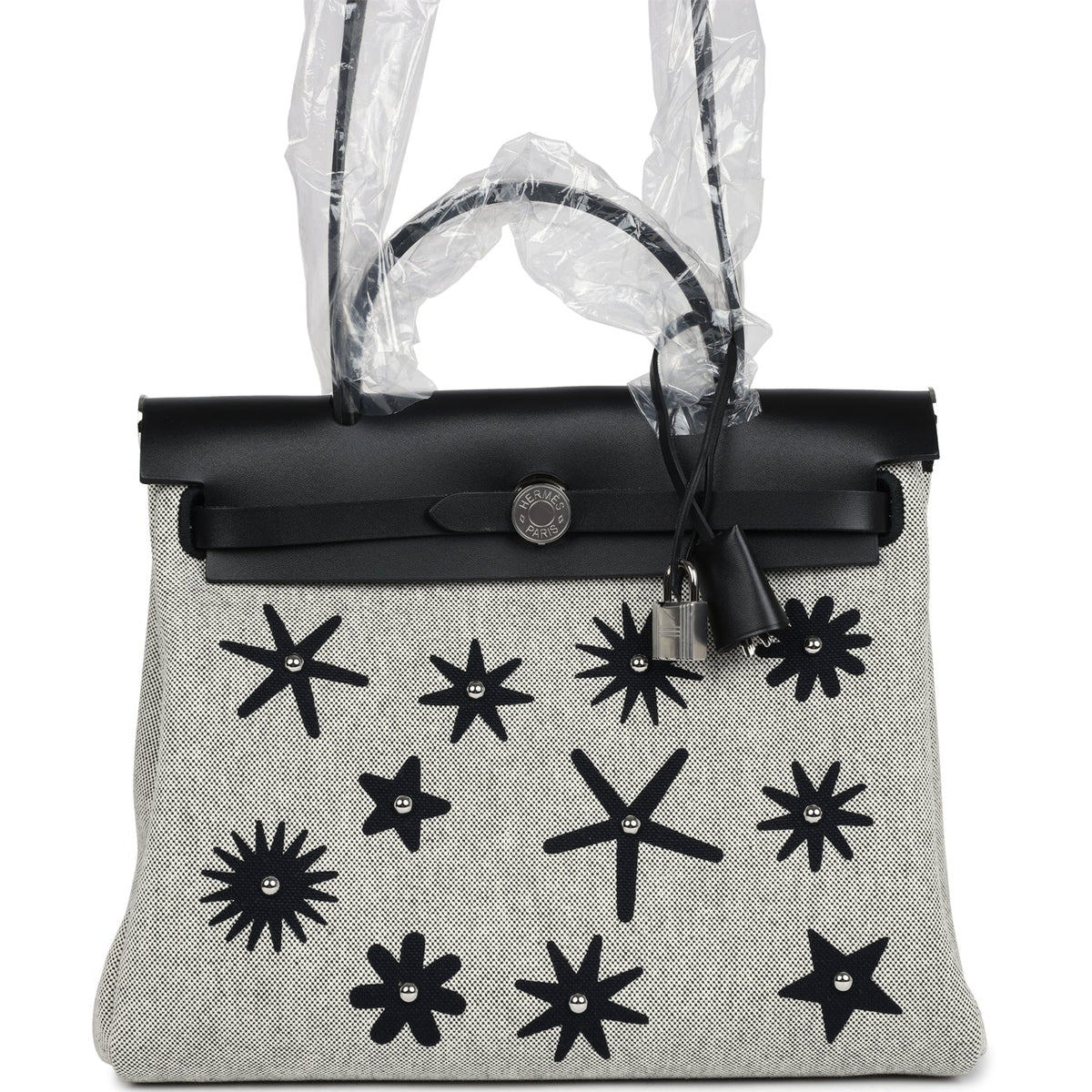 Hermes Herbag Zip 31 PM Hobnailed Black, Ecru Printed H Plume Canvas and Vache Hunter Palladium Hardware