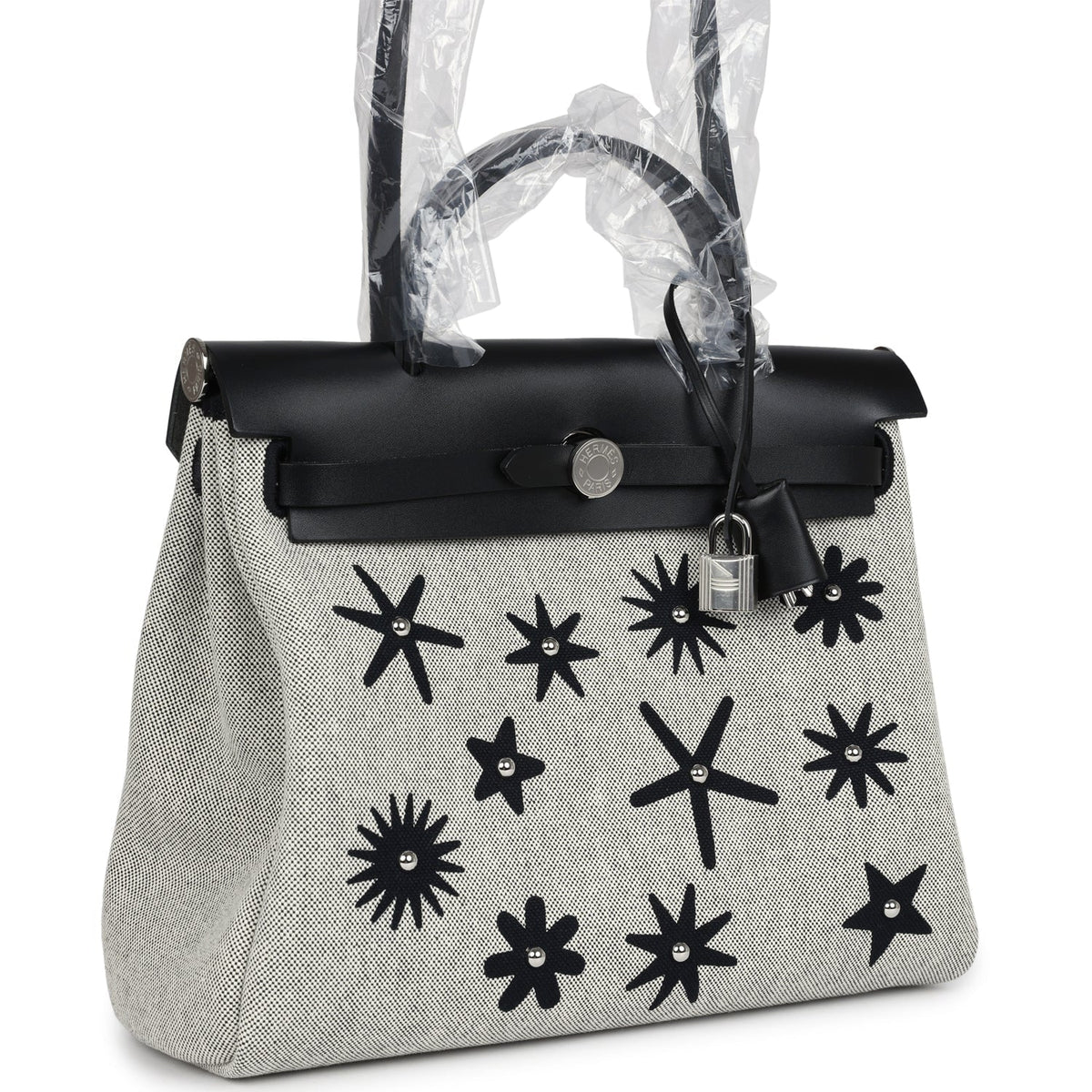 Hermes Herbag Zip 31 PM Hobnailed Black, Ecru Printed H Plume Canvas and Vache Hunter Palladium Hardware