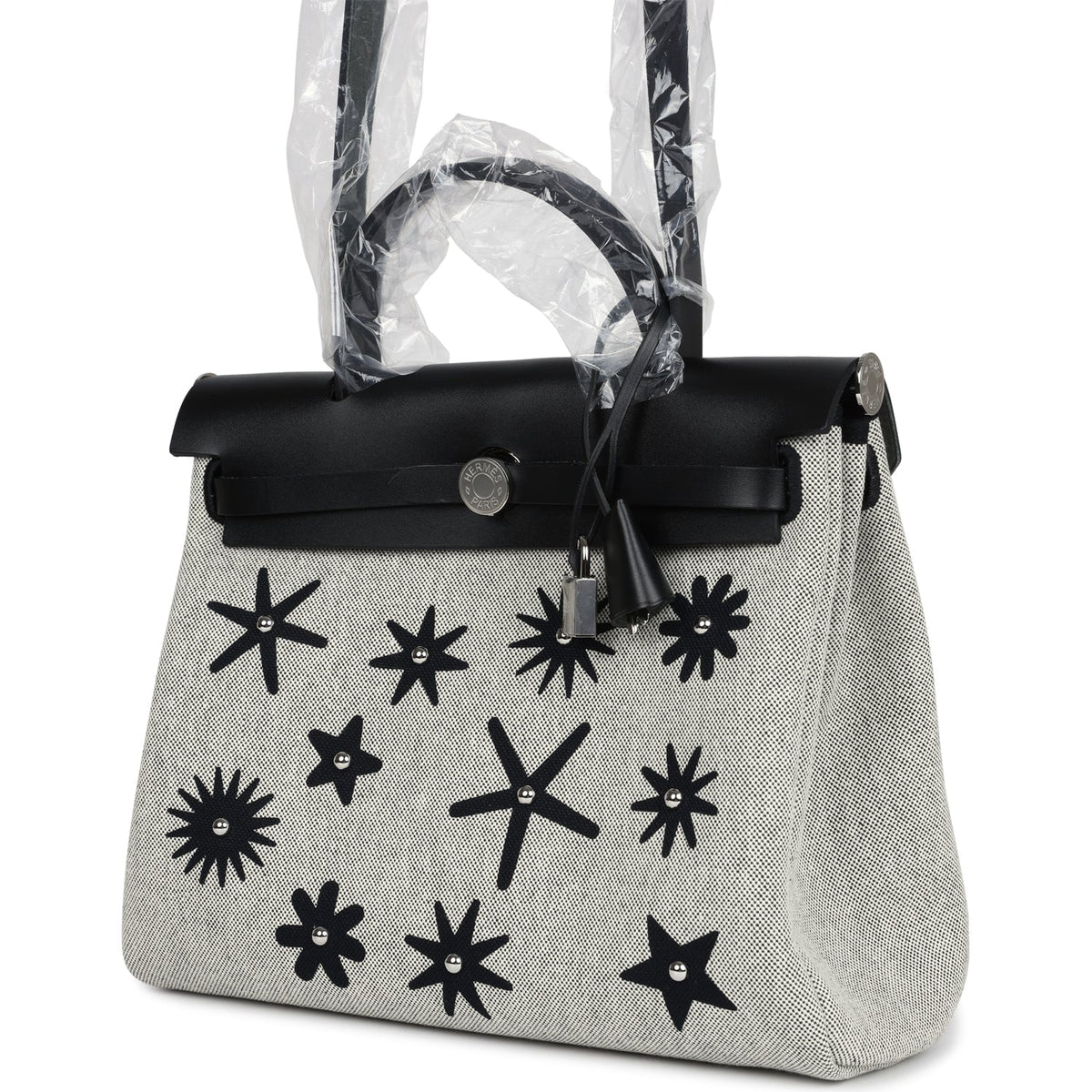 Hermes Herbag Zip 31 PM Hobnailed Black, Ecru Printed H Plume Canvas and Vache Hunter Palladium Hardware