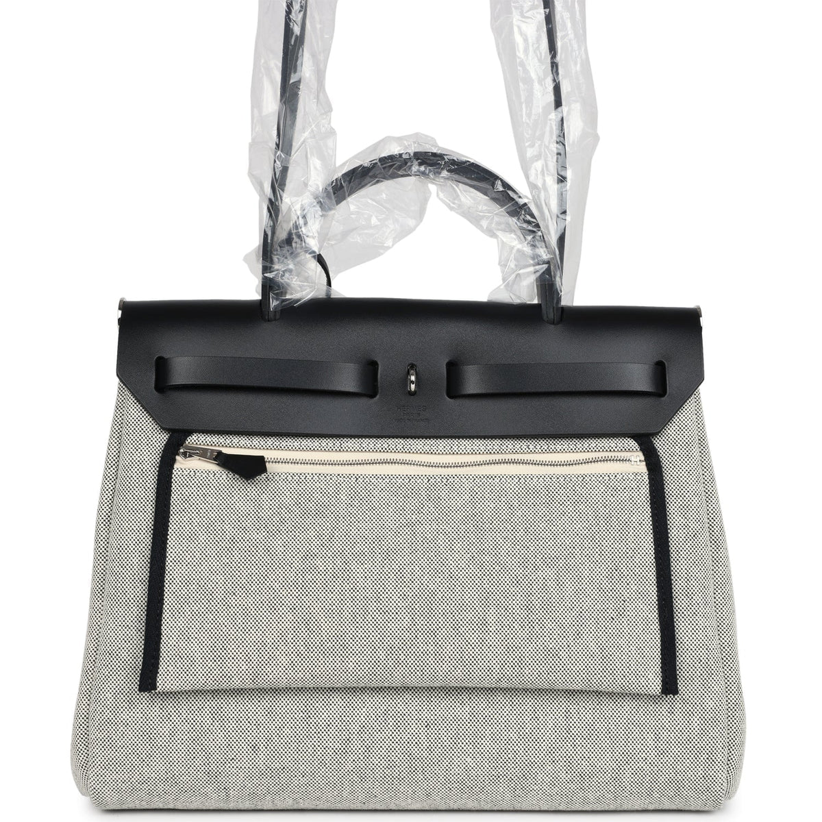 Hermes Herbag Zip 31 PM Hobnailed Black, Ecru Printed H Plume Canvas and Vache Hunter Palladium Hardware