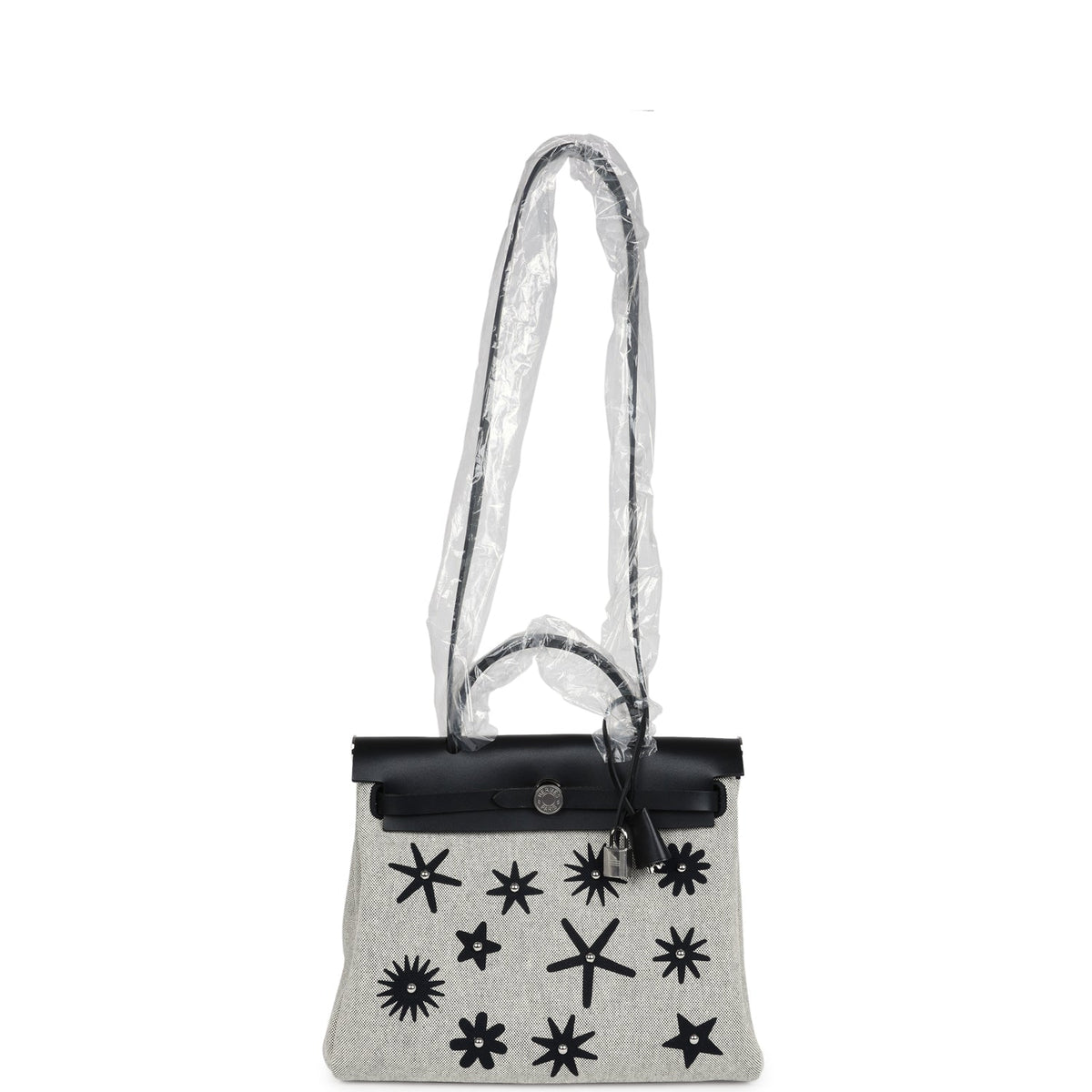 Hermes Herbag Zip 31 PM Hobnailed Black, Ecru Printed H Plume Canvas and Vache Hunter Palladium Hardware