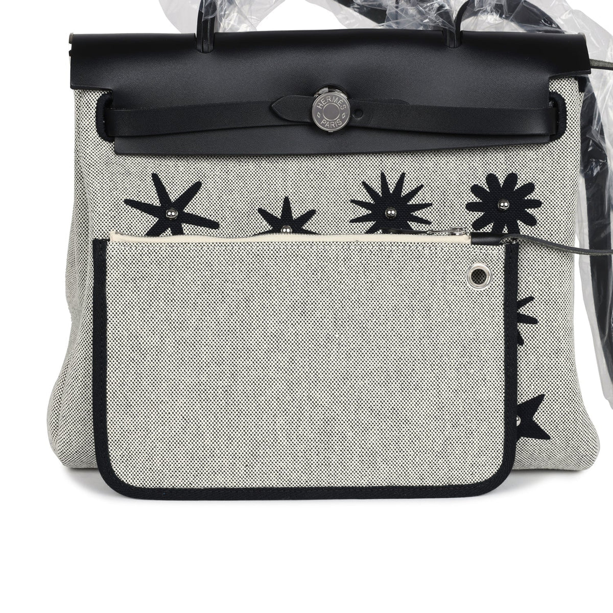 Hermes Herbag Zip 31 PM Hobnailed Black, Ecru Printed H Plume Canvas and Vache Hunter Palladium Hardware