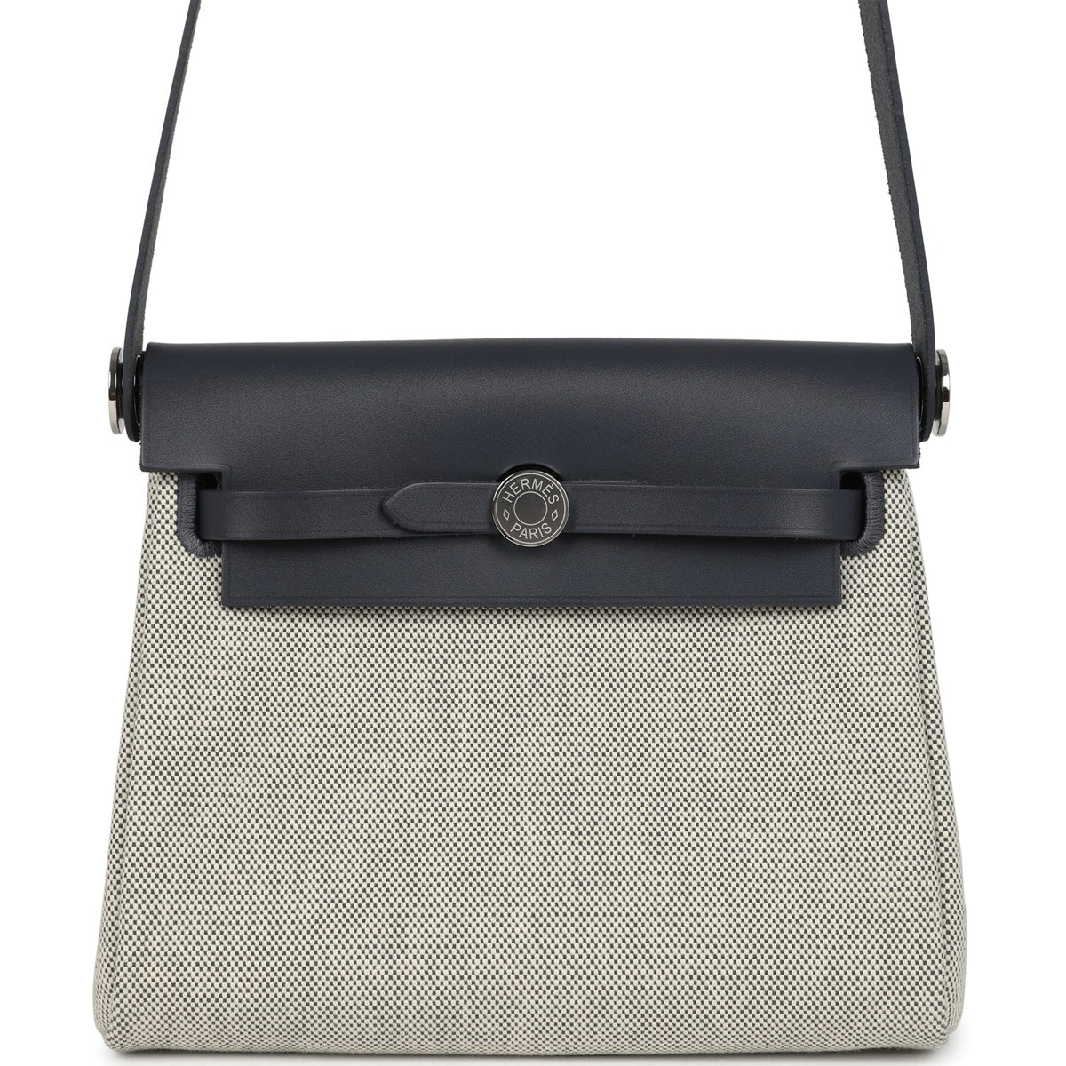 Hermes Herbag Zip 20 Mini Ecru, Ardoise Toile H Canvas, Ardoise Vache Hunter Palladium Hardware