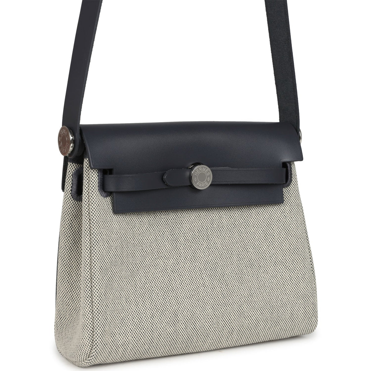 Hermes Herbag Zip 20 Mini Ecru, Ardoise Toile H Canvas, Ardoise Vache Hunter Palladium Hardware