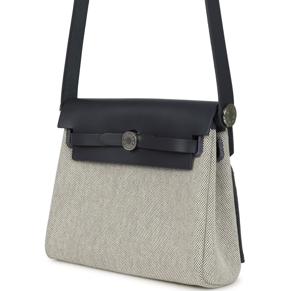 Hermes Herbag Zip 20 Mini Ecru, Ardoise Toile H Canvas, Ardoise Vache Hunter Palladium Hardware