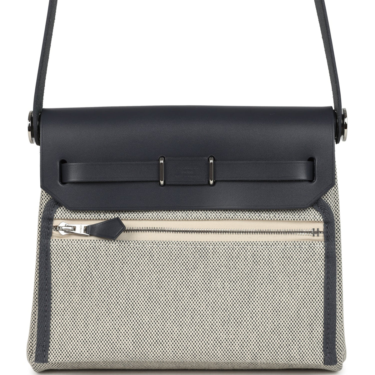 Hermes Herbag Zip 20 Mini Ecru, Ardoise Toile H Canvas, Ardoise Vache Hunter Palladium Hardware