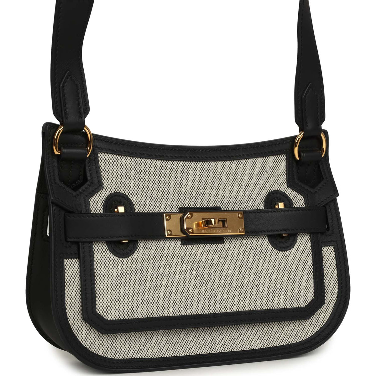 Hermes Jypsiere Mini Black, Ecru Toile H Black Swift Gold Hardware