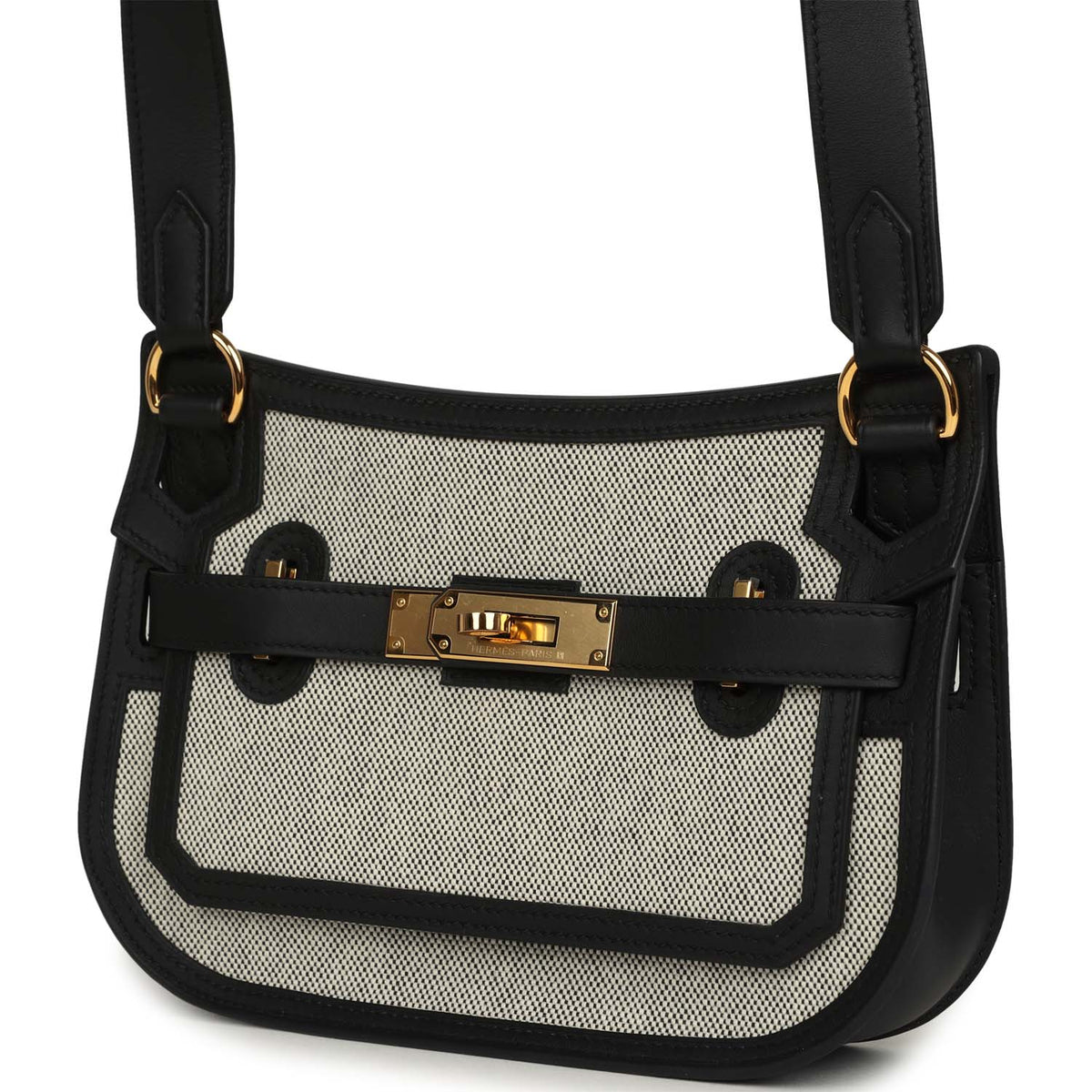 Hermes Jypsiere Mini Black, Ecru Toile H Black Swift Gold Hardware