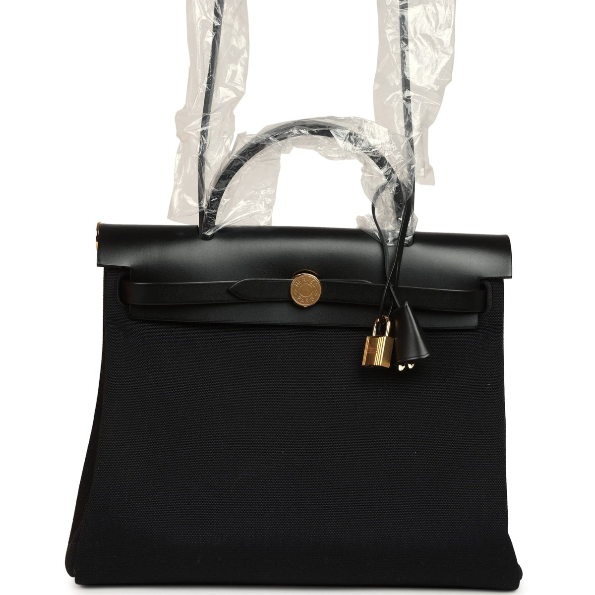 Hermes Herbag Zip 31 PM Black Toile Militaire Canvas, Vache Hunter Gold Hardware