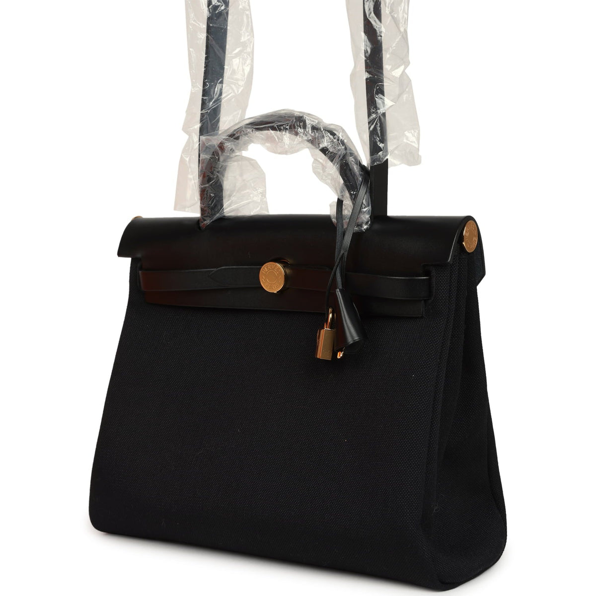 Hermes Herbag Zip 31 PM Black Toile Militaire Canvas, Vache Hunter Gold Hardware