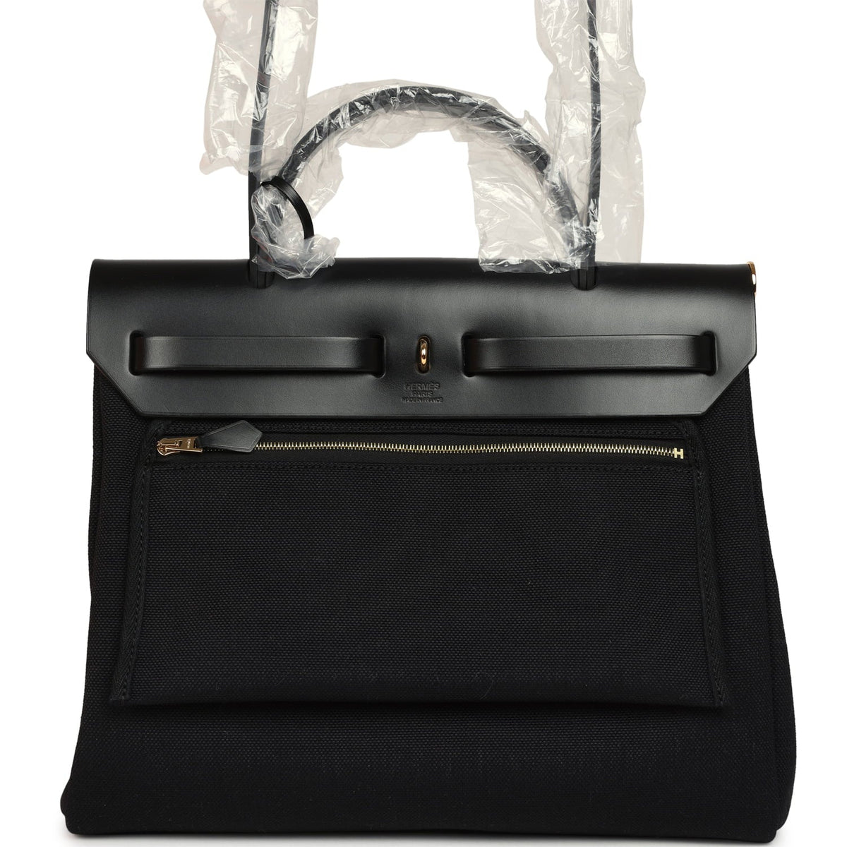 Hermes Herbag Zip 31 PM Black Toile Militaire Canvas, Vache Hunter Gold Hardware