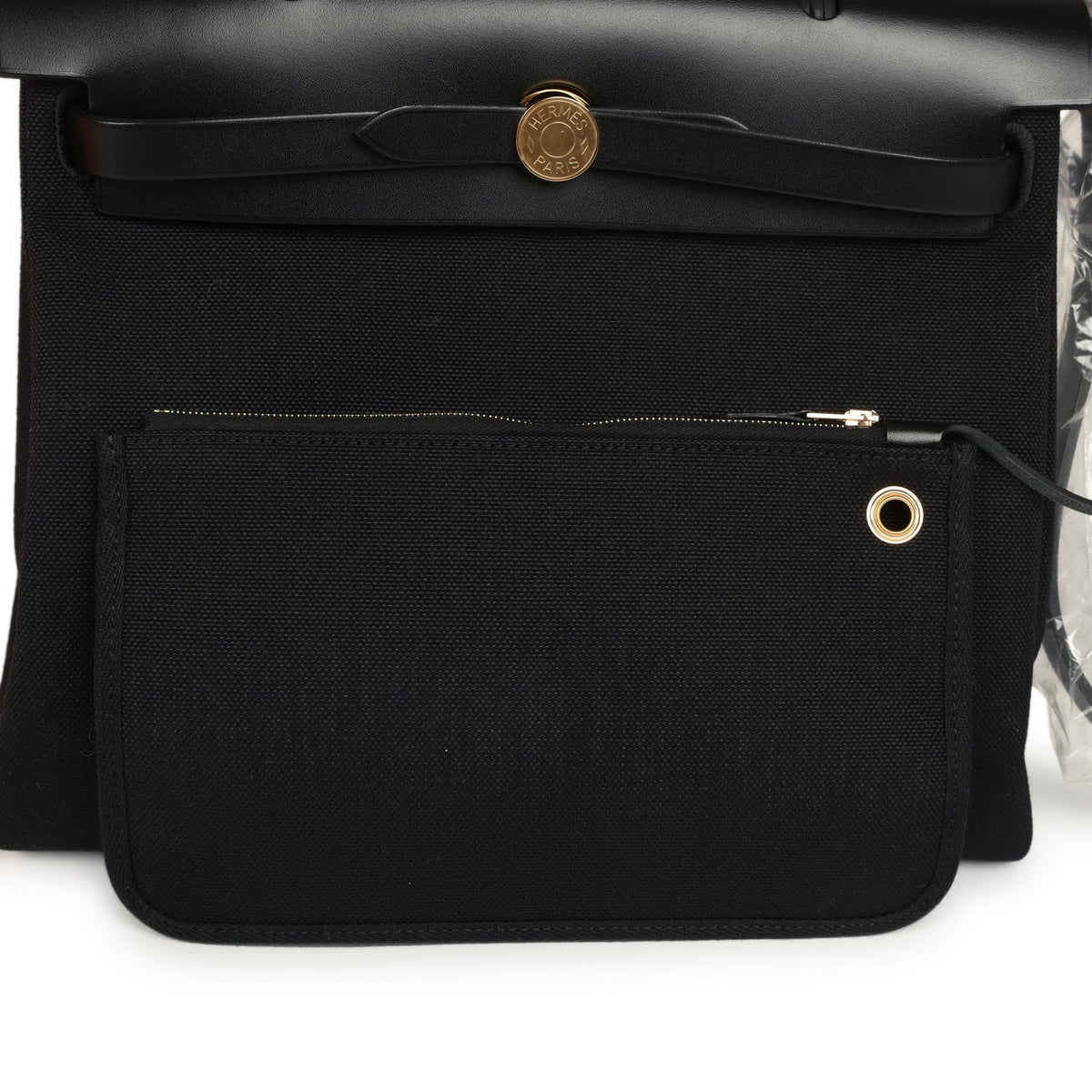 Hermes Herbag Zip 31 PM Black Toile Militaire Canvas, Vache Hunter Gold Hardware