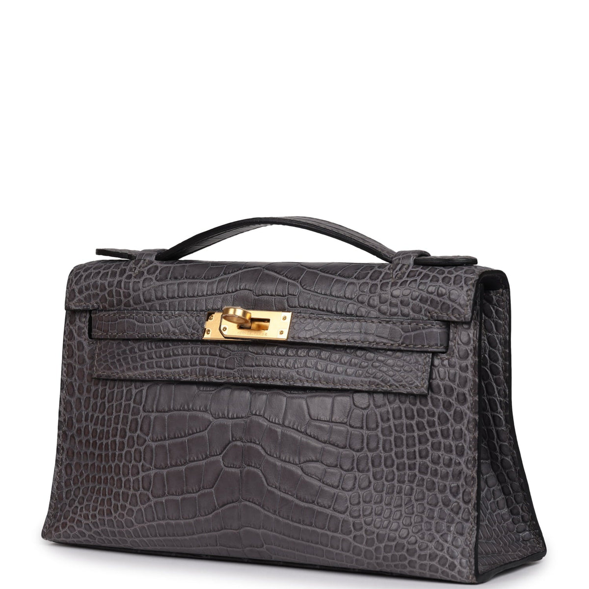 Pre-owned Hermes Kelly Pochette Gris Paris Matte Alligator Gold Hardware