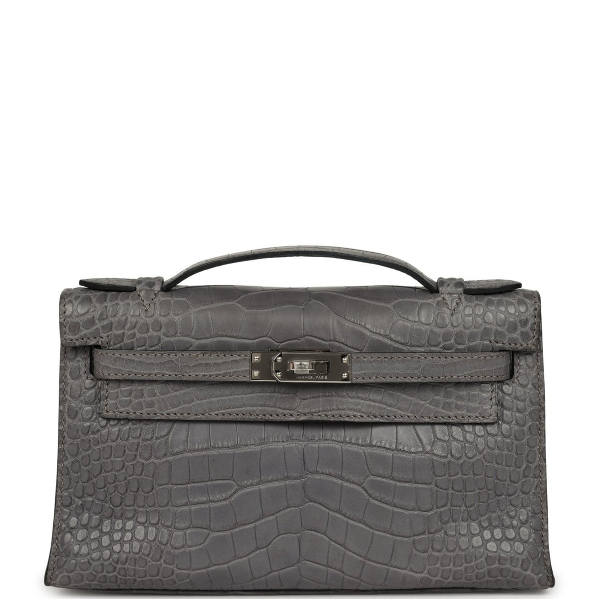 Pre-owned Hermes Kelly Pochette Gris Paris Matte Alligator Palladium Hardware