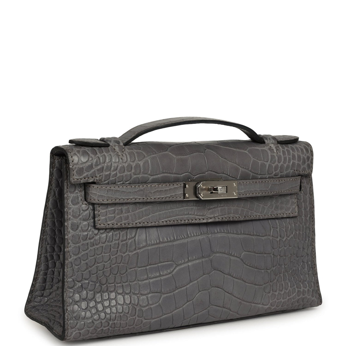 Pre-owned Hermes Kelly Pochette Gris Paris Matte Alligator Palladium Hardware