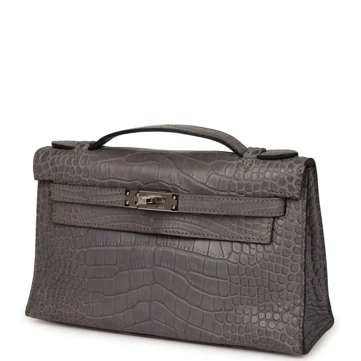 Pre-owned Hermes Kelly Pochette Gris Paris Matte Alligator Palladium Hardware