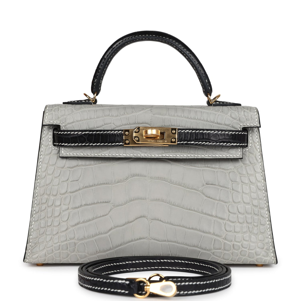 Hermes Special Order (HSS) Kelly Sellier 20 Gris Perle, Black Matte Alligator Gold Hardware