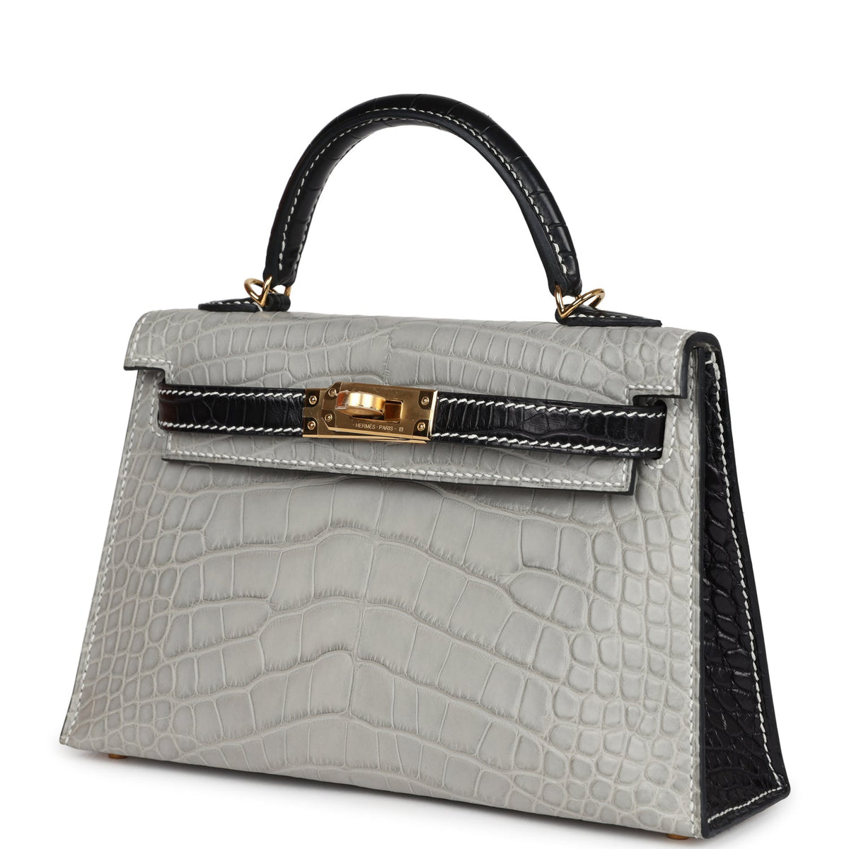 Hermes Special Order (HSS) Kelly Sellier 20 Gris Perle, Black Matte Alligator Gold Hardware