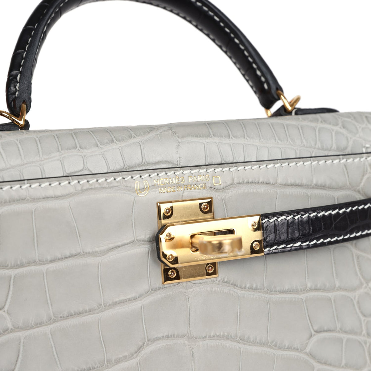 Hermes Special Order (HSS) Kelly Sellier 20 Gris Perle, Black Matte Alligator Gold Hardware