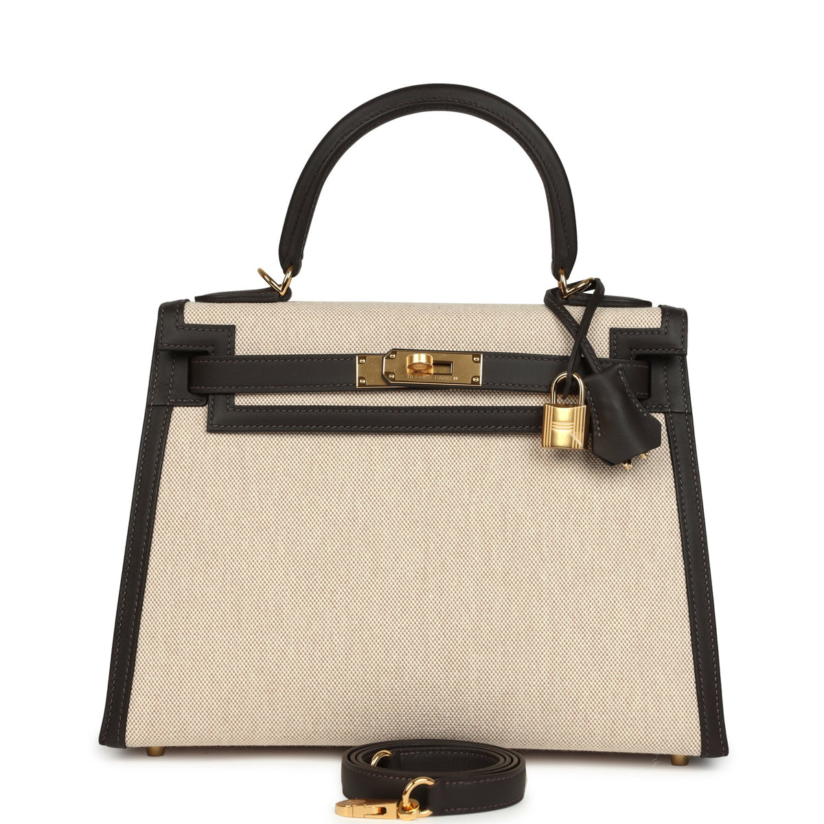 Hermes Kelly Sellier 28 Bai Brun Swift and Ecru-Beige Toile H Canvas Gold Hardware