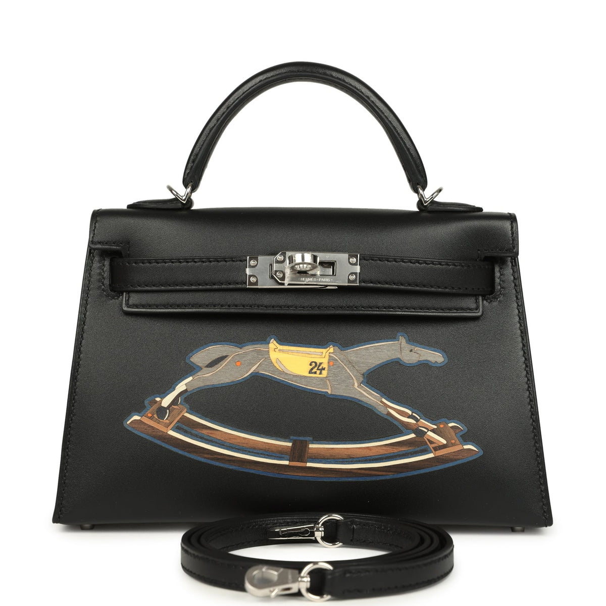 Hermes Kelly Sellier 20 "Cheval De Bois" Black and Multi Tadelakt Palladium Hardware