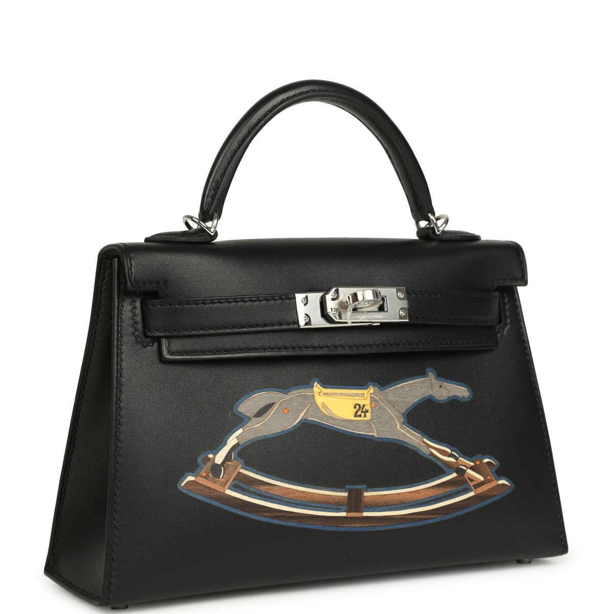 Hermes Kelly Sellier 20 "Cheval De Bois" Black and Multi Tadelakt Palladium Hardware