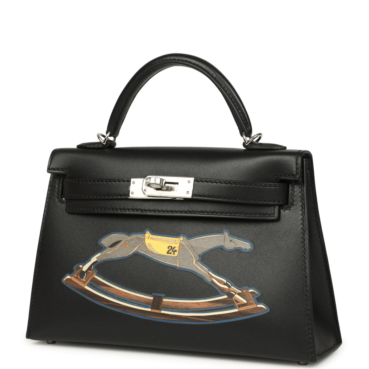 Hermes Kelly Sellier 20 "Cheval De Bois" Black and Multi Tadelakt Palladium Hardware