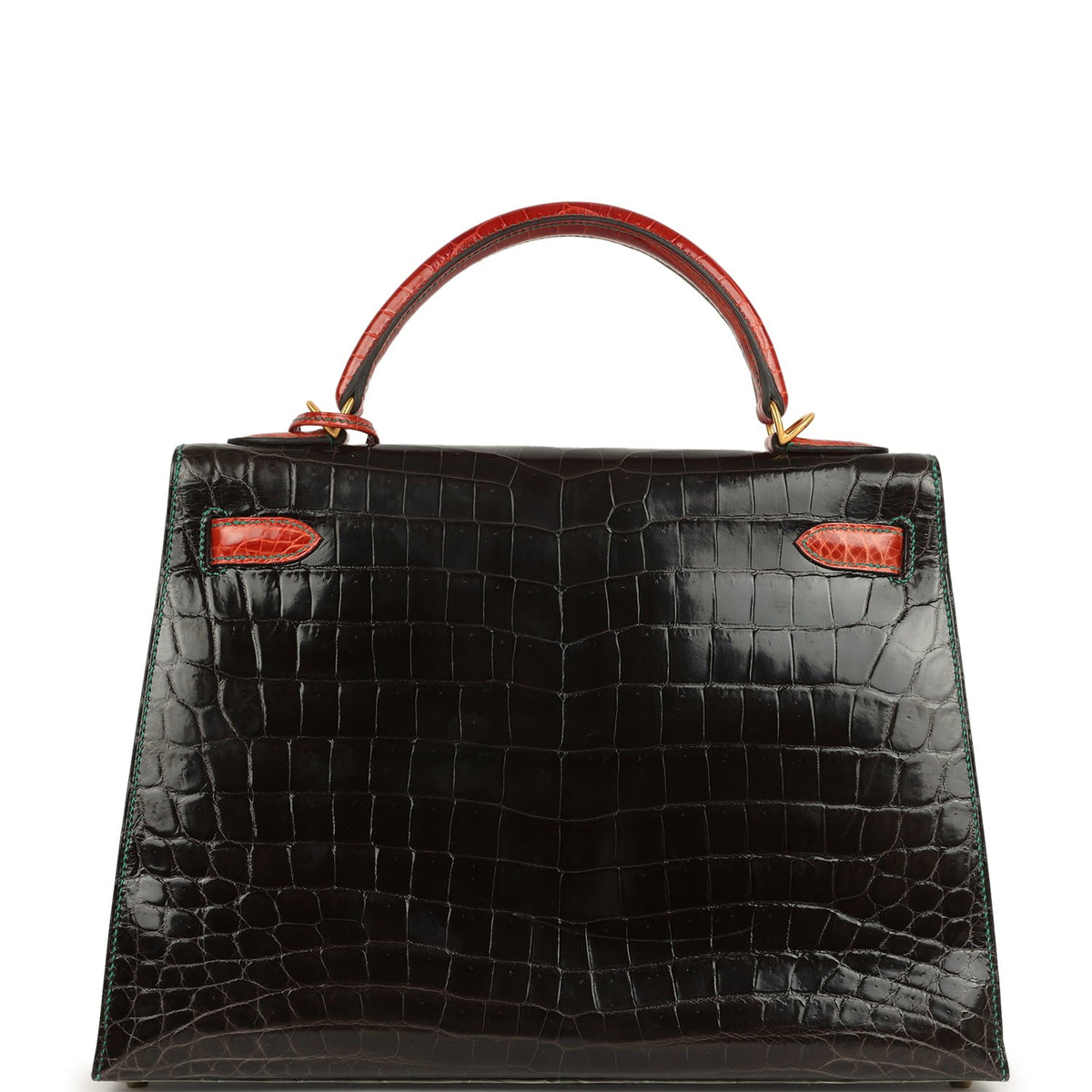 Pre-owned Hermes Special Order (HSS) Kelly Sellier 32 Graphite, Gris Tourterelle and Geranium Shiny Niloticus Crocodile Brushed Gold Hardware