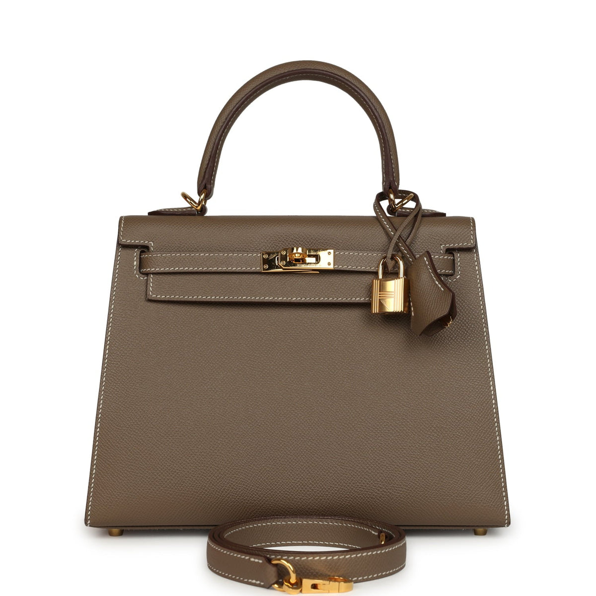 Pre-owned Hermes Kelly Sellier 25 Etoupe Epsom Gold Hardware
